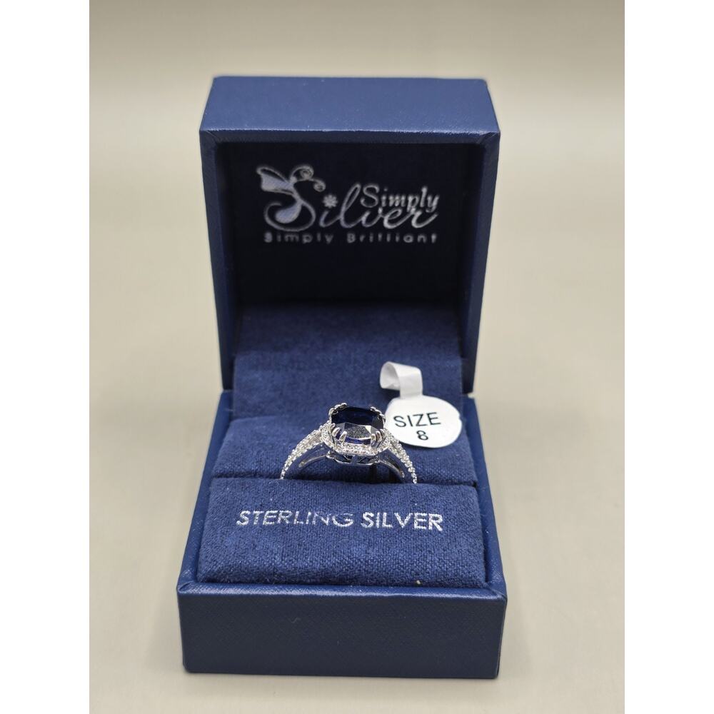 NIB Simply Silver 925 Sterling Silver Blue Sapphire Cushion Halo Ring Size 8 VCN
